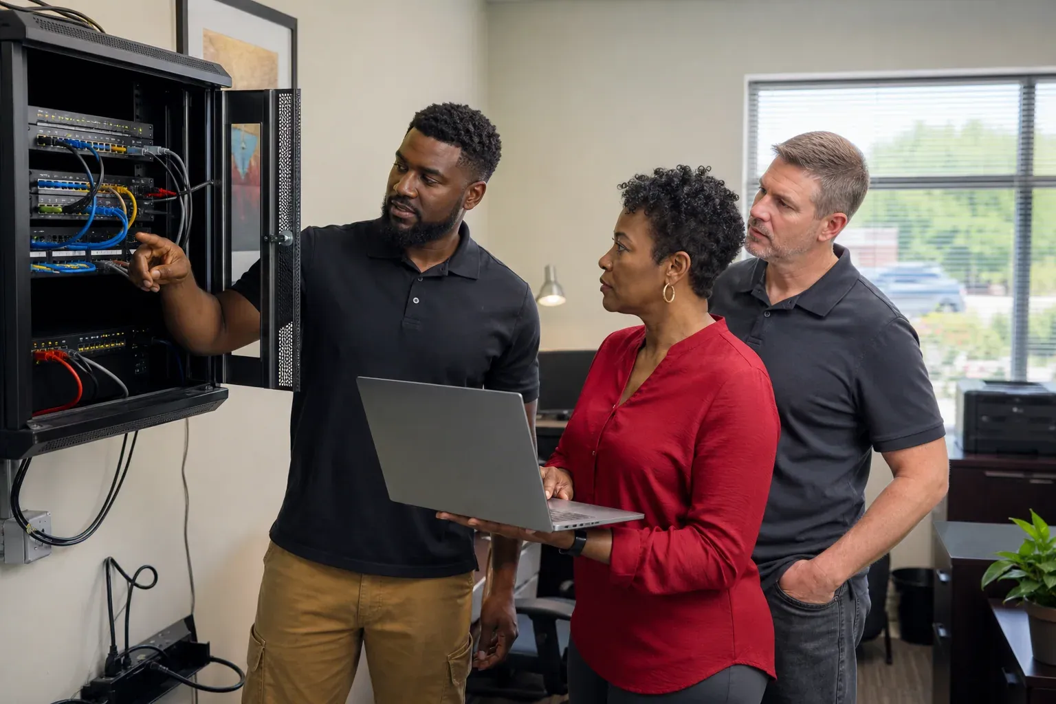 Black IT technician reviewing a small-business network with a diverse business team