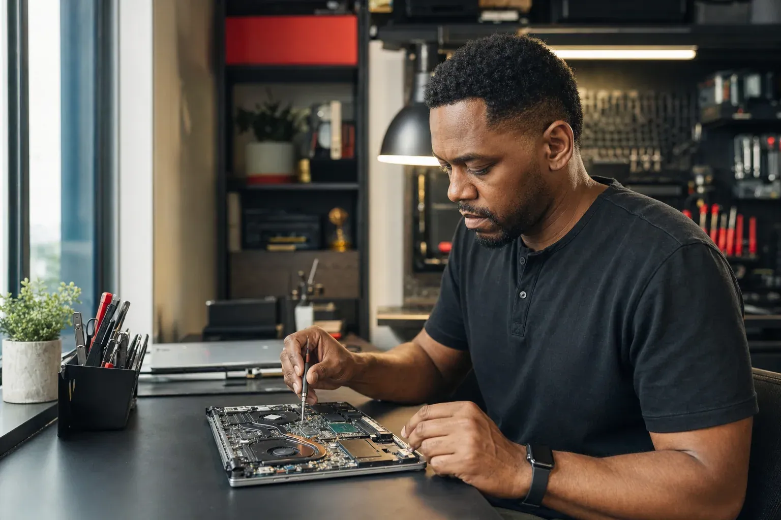 Black computer technician diagnosing laptop hardware at a professional repair-shop workbench