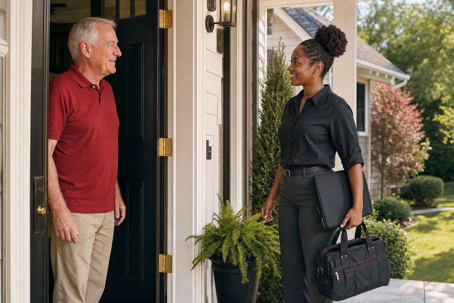 Black woman computer technician arriving for a scheduled home technology service visit